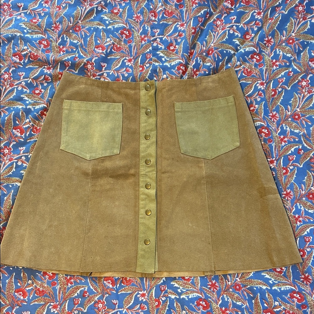 Reformation Tan Suede A-Line Skirt with Olive Pockets